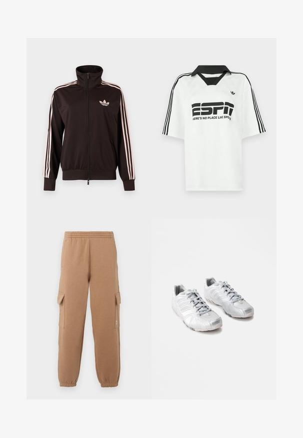 Zwart trainingsjack met rits, voorzien van roze drie gestreepte banen op de mouwen en een roze Adidas trefoil-logo op de linkerborst, opstaande kraag en zakken aan de voorkant.; Witte korte mouwen blouse met een zwarte kraag, drie zwarte strepen op de mouwen en een gedurfde zwarte tekst met de woorden "ESPN" en "HIER IS NO PLACE LIKE SPOTS."; Tan cargobroeken van zachte stof met een elastische tailleband, opgesneden enkels en zijzakken, met een klein logo-detail.; Zilveren sport schoenen met een gladde, glanzende textuur; gebogen ontwerp; grijze veters; rubberen zolen met grip patronen; ronde neus.