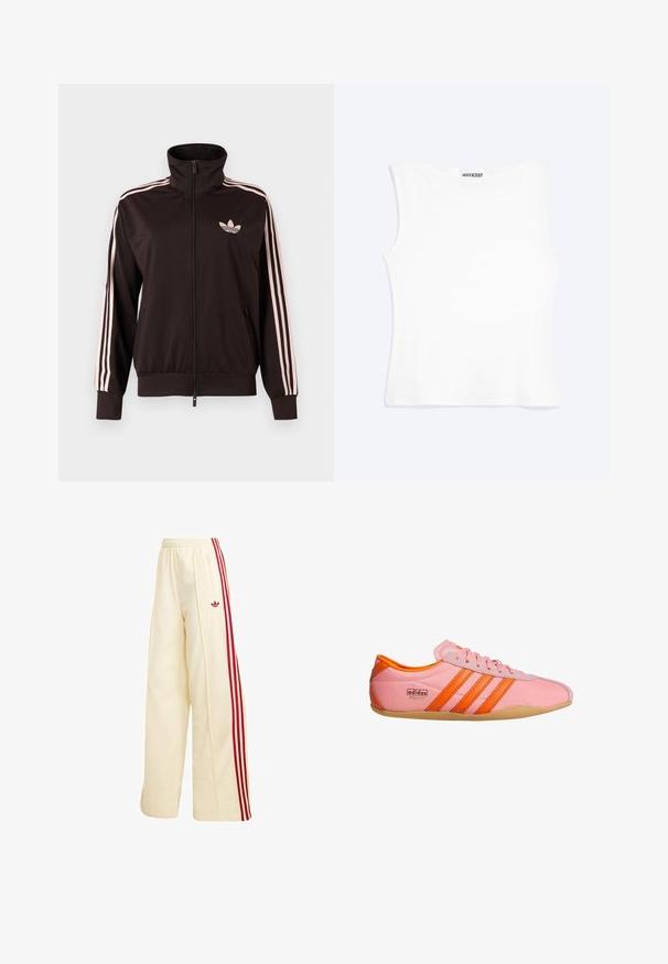 Zwart trainingsjack met rits, voorzien van roze drie gestreepte banen op de mouwen en een roze Adidas trefoil-logo op de linkerborst, opstaande kraag en zakken aan de voorkant.; Wit nauwsluitend mouwloos tanktopje met een ronde halslijn en minimalistisch ontwerp, met het label "WEEKDAY" aan de binnenkant van de kraag.; Crèmekleurige wijde trainingsbroek met rode zijstrepen, elastische tailleband, ritssluitingzak en rood Adidas-logo op de dij.; Roze sneaker met oranje accenten, voorzien van drie strepen, een gestructureerd materiaal, vetersluiting aan de voorkant en een rubberen zool. Branding op de zijkant.
