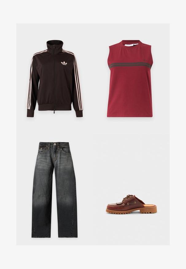 Sort lynlåstrøje med lyserøde tre striber på ærmerne og lyserødt Adidas trebladet logo på venstre bryst, ståkrave, forlommer.; Ærmeløs sports-tanktop i mørkerød med to vandrette sorte striber over brystet og lille sort logo på venstre side.; Sorte vidde jeans med knaplukning, for- og baglommer samt synlige sømdetaljer på benene.; Brun læderslipsko i mokkasin-stil med dekorative snørebånd, guldøjer og en tekstureret gummisål.