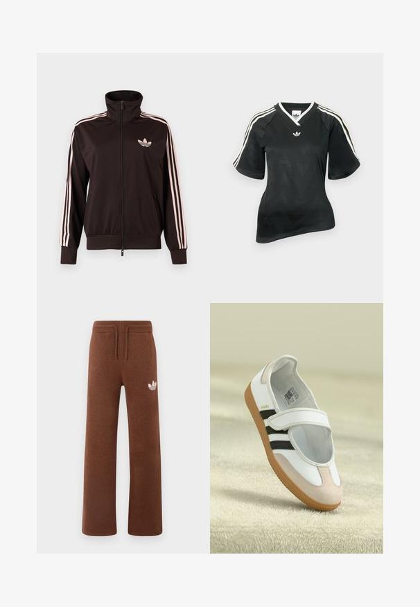 Schwarze Trainingsjacke mit Reißverschluss, rosa dreifache Streifen an den Ärmeln und rosa Adidas-Trefoil-Logo auf der linken Brust, Stehkragen, Vorderentaschen.; Schwarzes Sportshirt mit V-Ausschnitt, kurzen Ärmeln und strukturiertem Chevron-Muster. Mit weißen drei-Streifen-Akzenten auf den Schultern und Logo.; Braune Sweatpants aus weichem Stoff mit lockerem Schnitt, ausgestattet mit einem elastischen Bund, einem Kordelzug und einem weißen Logo am linken Oberschenkel.; Weiße Schuhe mit einer pinken Wildleder-Zehe, schwarzen Streifen und einem Klettverschluss. Sie verfügen über eine tanfarbene Gummisohle und ein Logo an der Seite.