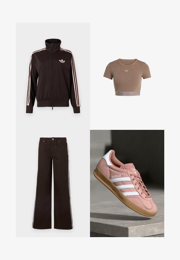 Sort lynlåstrøje med lyserøde tre striber på ærmerne og lyserødt Adidas trebladet logo på venstre bryst, ståkrave, forlommer.; Brun ribstrikket cropped top med korte ærmer, rund halsudskæring og en tekstureret kant forneden med et diskret logo-mønster.; Brune viddeben jeans lavet af denim med hvide sidelister, klassisk fem-lomme-design og lukning med metal-knap.; Rosa ruskinds sneaker med hvide striber, gummisål, tekstureret overdel og logo på tungen. Klassisk low-top design.