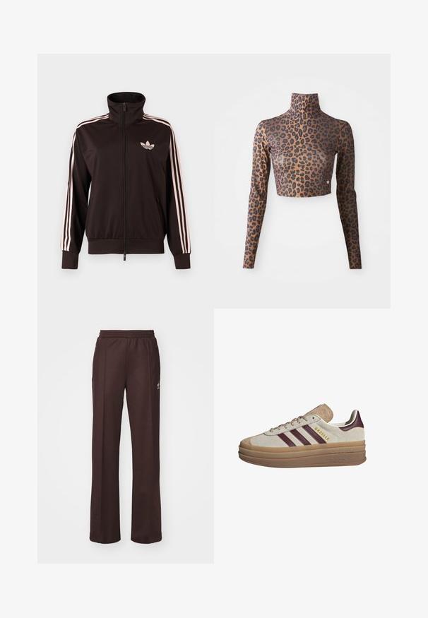 Zwart trainingsjack met rits, voorzien van roze drie gestreepte banen op de mouwen en een roze Adidas trefoil-logo op de linkerborst, opstaande kraag en zakken aan de voorkant.; Leopardprint langsl sleeve crop top in bruin en zwart, met een hoge hals en een strakke, gladde textuur. Subtiele logo-detail aan de rand.; Bruine sportieve broek met een elastische tailleband, twee zijzakken en een klein logo aan de linkerzijde, gemaakt van een zachte stof.; Beige suède sneakers met bordeauxrode strepen, witte accenten, een chunky doorschijnende zool en verhoogde branding aan de zijkant. Vetersluiting.