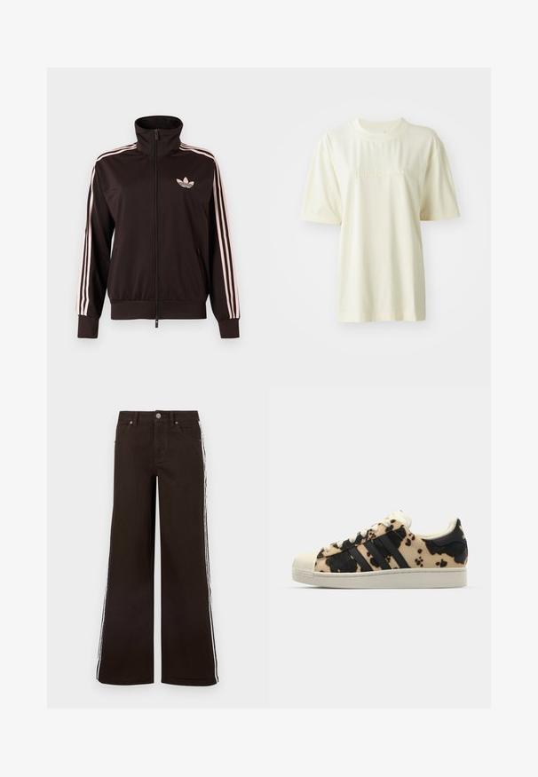 Chaqueta deportiva negra con cremallera, con tres franjas rosas en las mangas y el logo trébol de Adidas en rosa en el pecho izquierdo, cuello alto y bolsillos delanteros.; Camiseta de algodón color crema con cuello redondo, mangas cortas y logo "adidas" en relieve en el pecho. Textura suave y corte relajado.; Jeans marrones de pierna ancha hechos de mezclilla, con rayas blancas laterales, diseño clásico de cinco bolsillos y cierre con botón de metal.; Zapatilla con patrón de piel de vaca en beige y negro, tres rayas negras, punta de goma blanca y suela texturizada. Presenta cordones y marca.
