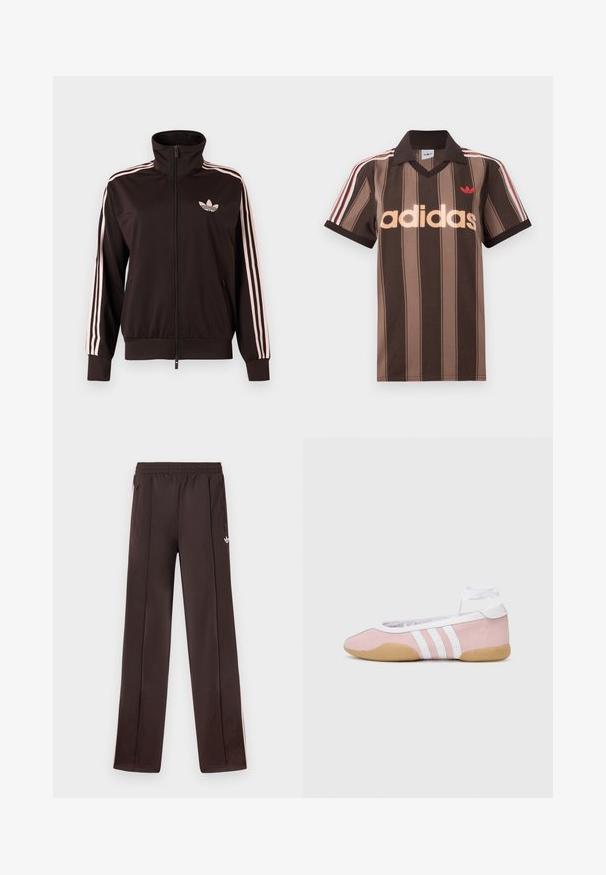Chaqueta deportiva negra con cremallera, con tres franjas rosas en las mangas y el logo trébol de Adidas en rosa en el pecho izquierdo, cuello alto y bolsillos delanteros.; Polo Adidas marrón con rayas, cuello en V, cuello burdeos y logo rojo. Presenta rayas blancas y rojas en los hombros, mangas cortas.; Pantalones deportivos Adidas de color marrón oscuro con cintura elástica, bolsillos laterales con cremallera y pequeño logo Trefoil blanco en el muslo derecho.; adidas Originals TAEKWONDO MEI BALLET - Zapatillas - clear pink/ftwr white/gum