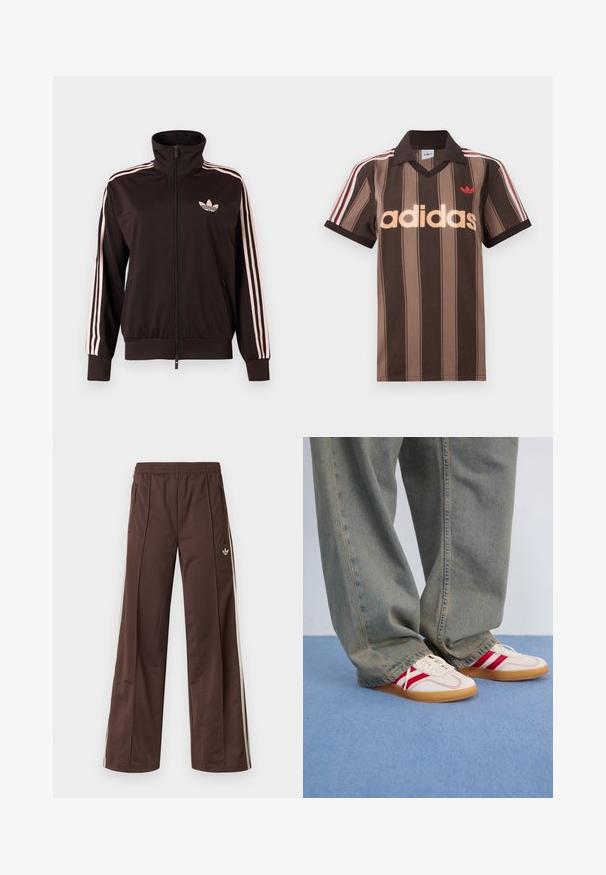 Mustast lukuga spordijakk roosade kolmekordsete triipude ja roosa Adidas kolmelehelogo vasakul rinnal, püstkrae, esitaskud.; Pruunide triipudega Adidas polotee, V-kaelusega, bordeau krae ja punase logoga. Omad valge ja punase triibuga õlad ning lühikesed varrukad.; Pruunid sportpüksid laiade säärtega, valgete küljeribadega, elastse vöökohaga ja kahe küljetaskuga. Jalal on väike logo.; Valged tennis kingad punaste triipudega, tekstureeritud kangast ülemine osa, ümar varvas, lame kummist tald, koos vabaaja, pleekinud siniste teksadega.