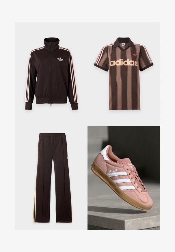 Čierna tréningová bunda so zipsom, s tromi ružovými pruhmi na rukávoch a ružovým logom trefoil Adidas na ľavej strane hrudníka, stojatý golier, predné vrecká.; Hnedé prúžkované polo tričko Adidas s výstrihom do V, bordovým golierom a červeným logom. Má bielo-červené pruhy na ramenách a krátke rukávy.; Čierne tepláky so žltými bočnými pruhmi, elastickým pásom, bočnými vreckami na zips a malým logom na hornej časti stehna.; Ružové semišové tenisky s bielymi pruhmi, gumovou podrážkou, textúrovaným vrchom a logom na jazykovej části. Klasický nízkoprofilový dizajn.