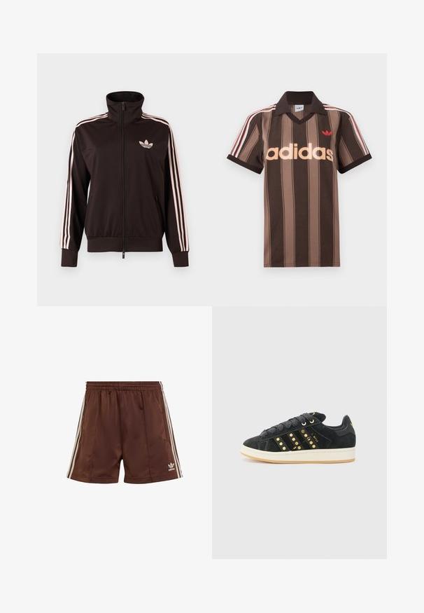 Schwarze Trainingsjacke mit Reißverschluss, rosa dreifache Streifen an den Ärmeln und rosa Adidas-Trefoil-Logo auf der linken Brust, Stehkragen, Vorderentaschen.; Braunes gestreiftes Adidas-Poloshirt mit V-Ausschnitt, bordeauxrotem Kragen und rotem Logo. Mit weißen und roten Schulterstreifen, kurzen Ärmeln.; Braune Sportshorts aus glattem Stoff mit lockerer Passform, die weiße seitliche Streifen und ein besticktes Logo am unteren linken Saum aufweisen.; adidas Originals CAMPUS 00S W - Sneaker low - core black/carbon/gold-coloured