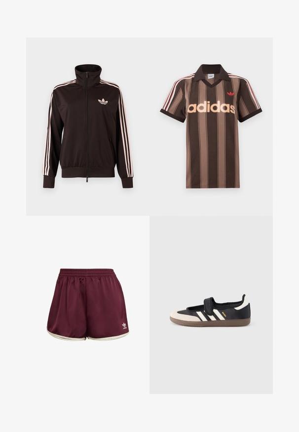 Schwarze Trainingsjacke mit Reißverschluss, rosa dreifache Streifen an den Ärmeln und rosa Adidas-Trefoil-Logo auf der linken Brust, Stehkragen, Vorderentaschen.; Braunes gestreiftes Adidas-Poloshirt mit V-Ausschnitt, bordeauxrotem Kragen und rotem Logo. Mit weißen und roten Schulterstreifen, kurzen Ärmeln.; adidas Originals SPRINTER - Shorts - maroon cream white; Schwarzer und beiger Sneaker mit Klettverschluss, drei weißen Streifen an der Seite und einer strukturierten braunen Gummisohle. Markenlogo sichtbar.