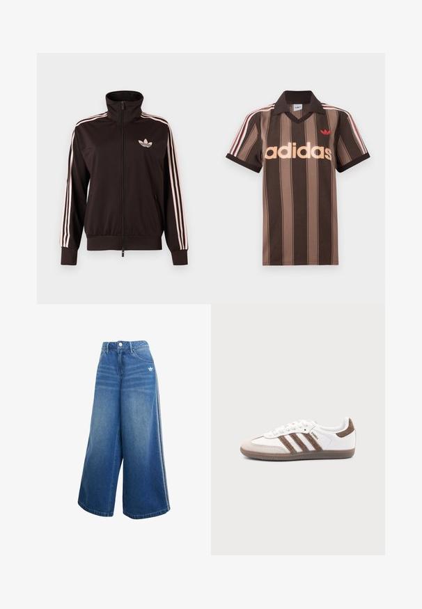 Mustast lukuga spordijakk roosade kolmekordsete triipude ja roosa Adidas kolmelehelogo vasakul rinnal, püstkrae, esitaskud.; Pruunide triipudega Adidas polotee, V-kaelusega, bordeau krae ja punase logoga. Omad valge ja punase triibuga õlad ning lühikesed varrukad.; Hallid jalgadega teksapüksid keskmises sinises värvuses, millel on kõrge vöökoht, peened õmblused ja väike valge logo ees.; Valge Adidas Samba toss pruunide seemisnahast triipude, pruuni kummist tallaga ja beežika seemisnahast varbakattaga, kujutatud välisküljelt ühevärvilise tausta peal.