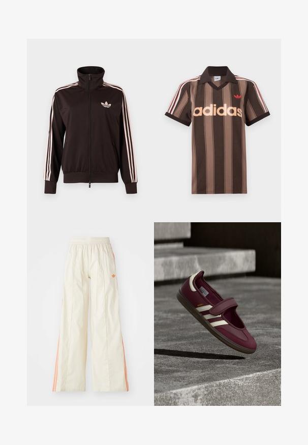 Mustast lukuga spordijakk roosade kolmekordsete triipude ja roosa Adidas kolmelehelogo vasakul rinnal, püstkrae, esitaskud.; Pruunide triipudega Adidas polotee, V-kaelusega, bordeau krae ja punase logoga. Omad valge ja punase triibuga õlad ning lühikesed varrukad.; Kreemjas värvi laiade jalgadega püksid, millel on elastne vöökoht, oranžid küljeribad ja väike oranž logo ees.; Tumepunased spordijalatsid rihmaga, valgete küljeribadega, tekstureeritud kummist tald ja sile pealmine materjal. Reguleeritav sobivus pehme sisemusega.