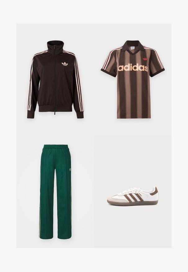 Mustast lukuga spordijakk roosade kolmekordsete triipude ja roosa Adidas kolmelehelogo vasakul rinnal, püstkrae, esitaskud.; Pruunide triipudega Adidas polotee, V-kaelusega, bordeau krae ja punase logoga. Omad valge ja punase triibuga õlad ning lühikesed varrukad.; Tumed roheline sportlikud püksid, mis on lõdvema lõikega, koos paelaga vöökohas, küljetaskute ja kreemjate triipudega külgedel.; Valge Adidas Samba toss pruunide seemisnahast triipude, pruuni kummist tallaga ja beežika seemisnahast varbakattaga, kujutatud välisküljelt ühevärvilise tausta peal.