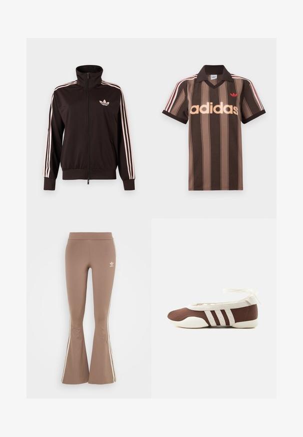 Veste de survêtement zippée noire avec trois bandes roses sur les manches et logo trèfle Adidas rose sur la poitrine gauche, col montant, poches avant.; Polo Adidas rayé marron avec col en V, col bordeaux, et logo rouge. Comprend des rayures blanches et rouges sur les épaules, manches courtes.; Leggings bruns évasés en tissu extensible, avec des bandes latérales blanches et un petit logo blanc sur la cuisse gauche. Texture lisse.; Chaussure plate de ballet marron et blanche avec trois bandes blanches et un nœud à nouer à la cheville sur un fond clair uni.