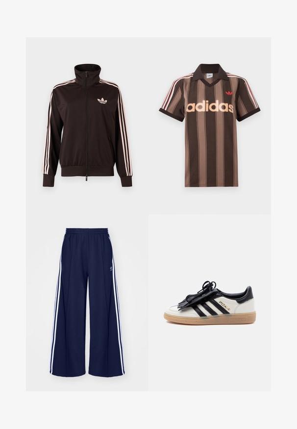 Sort lynlåstrøje med lyserøde tre striber på ærmerne og lyserødt Adidas trebladet logo på venstre bryst, ståkrave, forlommer.; Brunstribet Adidas polo-shirt med V-hals, bordeaux krave og rødt logo. Har hvide og røde skulderstriber samt korte ærmer.; adidas Originals PANT - Træningsbukser - night indigo; Hvid og sort Adidas Spezial-sneaker med gummisål, sorte striber og sort snørebåndsdække på en ensartet lys baggrund.