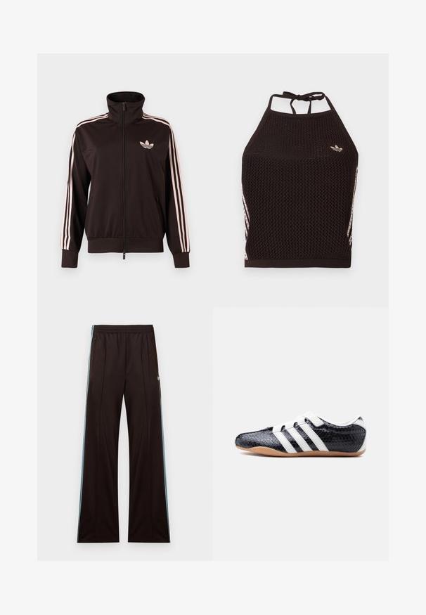 Zwart trainingsjack met rits, voorzien van roze drie gestreepte banen op de mouwen en een roze Adidas trefoil-logo op de linkerborst, opstaande kraag en zakken aan de voorkant.; Zwarte mesh halter crop top met een textuurpatroon. Voorzien van roze accentstrepen en een klein logo aan de voorkant. Sluiting met strik aan de achterkant.; Zwarte wijde broekspijpen trainingsbroek met lichtblauwe zijstrepen, elastische tailleband, met rits afsluitbare zakken en Adidas-logo op de linkerheup.; Zwarte sneaker met witte strepen en klittenbandsluitingen, textuur oppervlak en een zool van gum rubber, zijaanzicht op een witte achtergrond.
