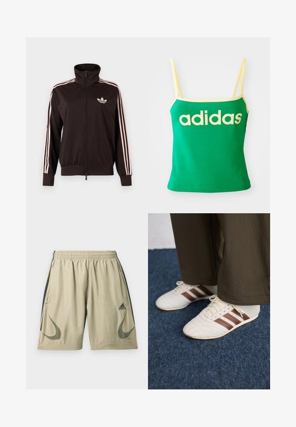 Zwart trainingsjack met rits, voorzien van roze drie gestreepte banen op de mouwen en een roze Adidas trefoil-logo op de linkerborst, opstaande kraag en zakken aan de voorkant.; Groene tanktop met gele accenten, gemaakt van rekbaar materiaal. Heeft een groot geel "adidas" logo over de voorkant en dunne banden.; Lichtbeige sportieve short gemaakt van lichtgewicht stof, met donker groene zijstrepen, een elastische tailleband en logo-accenten.; Witte sneakers met bruine strepen, gedragen met een broek in bruin, op een blauwe vloerbedekking.