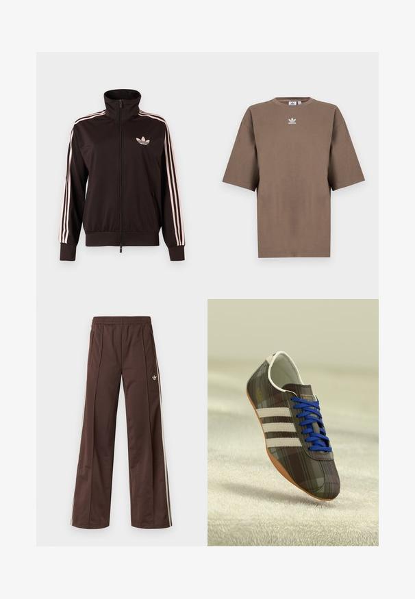 Sort lynlåstrøje med lyserøde tre striber på ærmerne og lyserødt Adidas trebladet logo på venstre bryst, ståkrave, forlommer.; Brun bomulds t-shirt med korte ærmer, rund hals og hvid Adidas-logo centreret på brystet, som har et enkelt design og en afslappet pasform.; Brune atletiske bukser med vidde ben, hvide striber på siden, elastisk linning og to sidelommer. Har et lille logo på benet.; Brune ternede atletiske sko med blå snørebånd, tre hvide striber og en glat overflade, med en lysebrune gummisul.