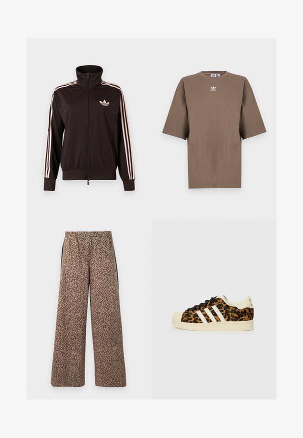 Čierna tréningová bunda so zipsom, s tromi ružovými pruhmi na rukávoch a ružovým logom trefoil Adidas na ľavej strane hrudníka, stojatý golier, predné vrecká.; Hnedé bavlnené tričko s krátkymi rukávmi, okrúhlym výstrihom a bielym logom Adidas umiestneným na hrudi, s jednoduchým dizajnom a voľným strihom.; Hnedé široké nohavice s béžovým zvieracím vzorom, elastickým pásom a kontrastnými čiernymi bočnými pásmi. Mäkká textúra látky.; Tenisky s leopardím vzorom a čiernymi šnúrkami, biely dizajn s tromi pruhmi, krémová gumová špička a podrážka, textúrovaný horný materiál.