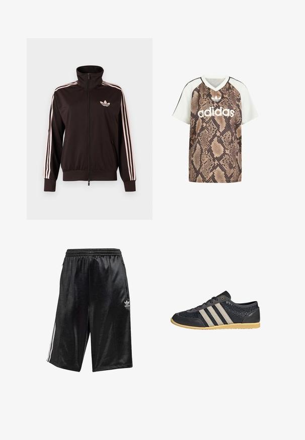 Mustast lukuga spordijakk roosade kolmekordsete triipude ja roosa Adidas kolmelehelogo vasakul rinnal, püstkrae, esitaskud.; Adidase lühikeste varrukatega V-kaelusega särk, valgete varrukatega ja pruuni maduprindiga kerel, esiküljel valge Adidas logo ja kolmeleheline embleem.; Mustad mustad spordilühikesed püksid, mis on valmistatud siledast kangast, omades paelaga vöökohta, küljetaskut ja kolme valget triipu külgedel.; Must tekstureeritud madala lõikega toss mustade paeltega, beežide triipude ja beeži kummist tallaga, kujutatud küljelt valgel taustal.