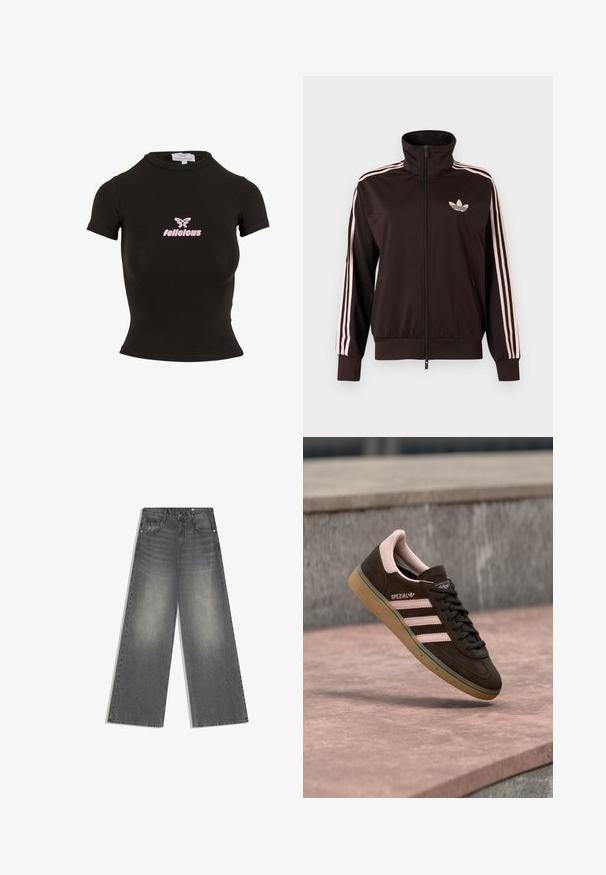 Zwart trainingsjack met rits, voorzien van roze drie gestreepte banen op de mouwen en een roze Adidas trefoil-logo op de linkerborst, opstaande kraag en zakken aan de voorkant.; Zwarte korte mouwen crop top gemaakt van rekbaar materiaal. Heeft een roze "felicious" logo en een vlinderafbeelding op de voorkant.; Wijd uitlopende, hooggesneden grijze spijkerbroek met vervaagde details, voorste knoopsluiting en ritssluiting, en zakken, op een witte achtergrond.; Donkerbruine suède sneaker met roze accenten, met drie roze strepen, een geforceerde zool en een logo aan de zijkant. Klassiek ontwerp met laag profiel.