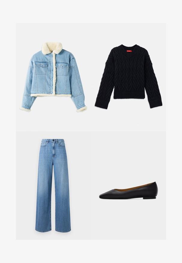Lyseblå denimjakke med hvid sherpa-foring på krave, ærmer, front og kant, med knaplukning og brystlommer med klap.; Sort strikket sweater med V-hals, der har et kabelmønster og ribbede manchetter og kant. Lavet af et tekstureret garn for ekstra varme.; Lyseblå brede jeans lavet af denim, med høj talje, bælte loops, forlommer og kontraststikninger.; Sort læder flad sko med spids tå, lav hæl og glat finish, vist fra siden på en lysegrå baggrund.