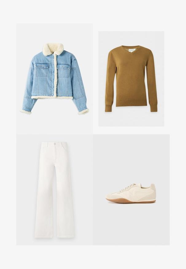 Lyseblå denimjakke med hvid sherpa-foring på krave, ærmer, front og kant, med knaplukning og brystlommer med klap.; Herre brun langærmet V-halsstriktrøje med ribbed manchet og kant på en ensfarvet lys baggrund.; Hvide, højtaljede bukser med bred ben lavet af denim. Har en knaplukning, to forlommer og sidesømme med syningsdetaljer.; Lyse beige sneakers med en tekstureret læderoverdel, teksturerede sider og en gummisål. Har et slankt, strømlinet design og flade snørebånd.