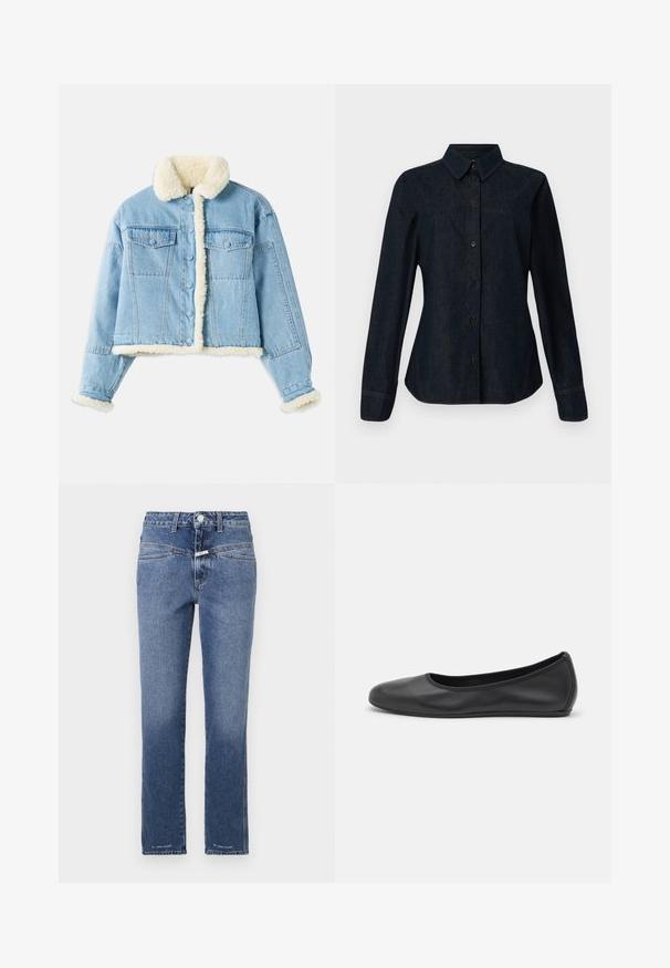 Lichtblauwe denimjack met witte sherpa voering op de kraag, mouwen, voorkant en onderrand, voorzien van knoopsluiting en borstzakken met klep.; CLOSED SEAMING SHIRT - Overhemdblouse - dark blue; Denim jeans in een middelblauwe wassing, met rechte pijpen, voorzien van een middelhoge tailleband, vijf zakken en subtiele stikdetails.; Zwarte leren ballerina met een ronde neus, gladde textuur, minimale stikdetails en een flexibele zoolontwerp.