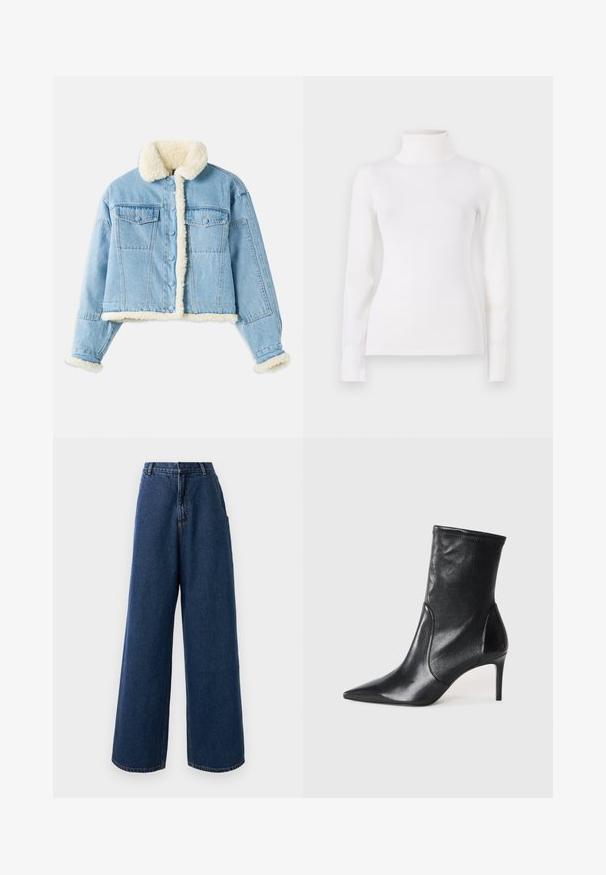 Veste en denim bleu clair avec doublure en sherpa blanche au col, aux poignets, à l'avant et à l'ourlet, dotée d'une fermeture à boutons et de poches à rabat sur la poitrine.; Pull en col roulé blanc, taille ajustée, manches longues, texture douce, tissu lisse, detailing minimal, poignets et col côtelés.; Jean taille haute à jambes larges en denim bleu foncé avec fermeture à bouton et à zip à l'avant, passants de ceinture et poches latérales.; Bottes noires à la cheville en cuir lisse, dotées d'un bout pointu, d'un tige ajustée et d'un talon haut fin. Design minimaliste sans quincaillerie visible.