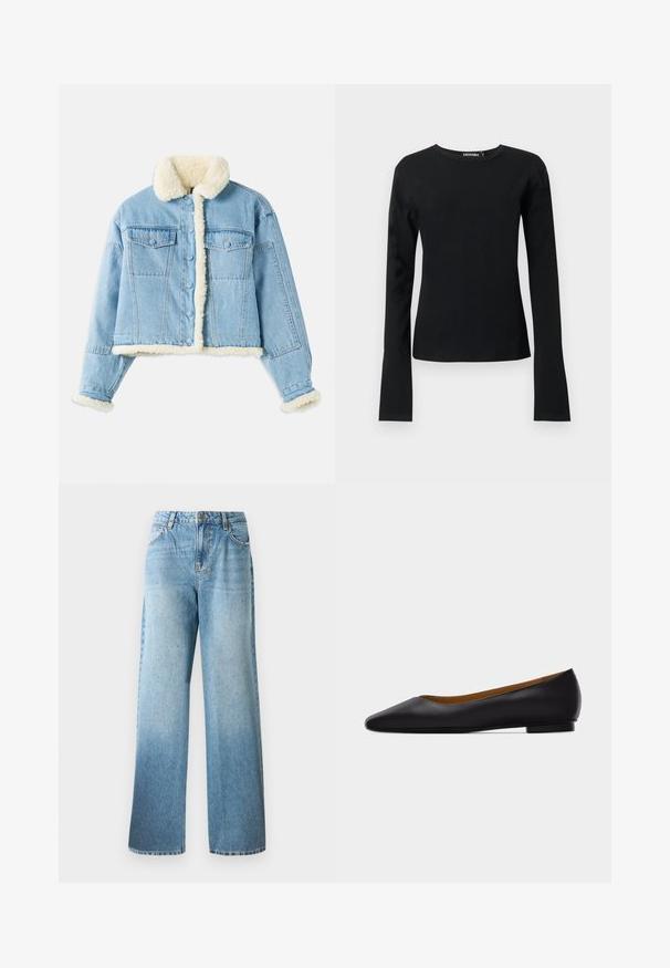 Veste en denim bleu clair avec doublure en sherpa blanche au col, aux poignets, à l'avant et à l'ourlet, dotée d'une fermeture à boutons et de poches à rabat sur la poitrine.; T-shirt noir ajusté à manches longues avec col rond, ourlet droit et tissu lisse, présenté sur un fond clair uni.; Jean en denim bleu clair avec une coupe ample, des jambes droites et des embellissements subtils. Présente un design traditionnel à cinq poches et des passants de ceinture.; Chaussure plate en cuir noir à bout pointu avec talon bas et finition lisse, vue de côté sur un fond gris clair.