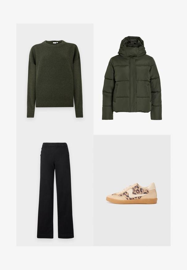 Veste verte olive rembourrée avec un col haut et une capuche. Comprend des coutures horizontales, des poches latérales et une fermeture éclair à l'avant.; Pull en tricot vert foncé à col rond, à manches longues, avec des bords côtelés aux poignets et à l'ourlet, présenté sur un fond blanc uni.; Pantalons larges noirs avec taille haute, accents de boutons sur les côtés, et une texture en denim lisse avec une finition soignée.; Baskets en imprimé léopard avec tige en suède beige, semelle en caoutchouc tan et accents blancs. Bout rond et design à lacets avec une finition texturée.