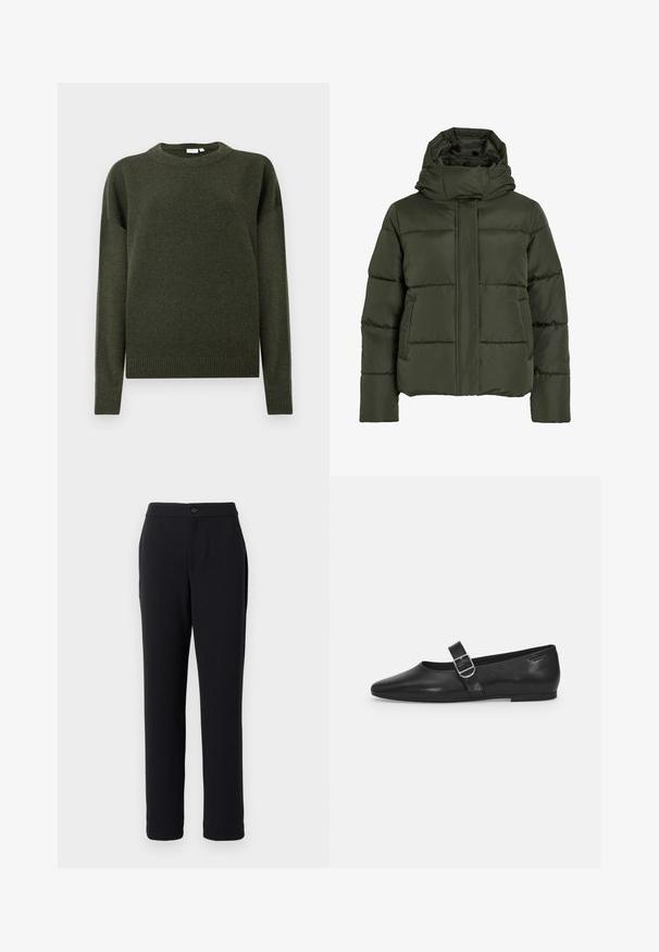 Puffet, olivengrøn jakke med høj krave og hætte. Har vandret syninger, sidelommer og lynlås lukning foran.; Mørkegrøn strikket sweater med rund hals, lange ærmer samt ribbede manchetter og kant, vist på en ensfarvet hvid baggrund.; Sorte bukser med lige ben design, lavet af glat stof. Har en frontknaplukning og sidelommer.; Sorte læder flade sko med rund tå, et enkelt justerbart spænde og en glat, blank overflade. Minimalistisk design med en lav hæl.