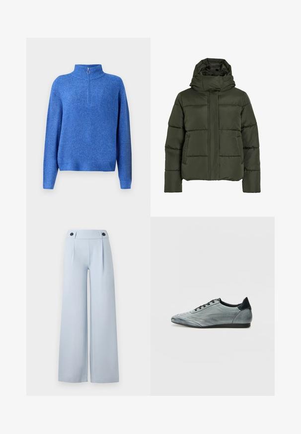 Pulli, oliivivihreä takki korkealla kauluksella ja hupulla. Siinä on vaakasuorat ompeleet, sivutaskut ja etuvetoketju.; Sininen neulepusero, jossa on korkea kaulus ja puolilukko. Ominaisuuksia ovat tekstuuri ja rento, laatikkomainen istuvuus.; Vaaleansiniset leveät housut, joissa on tasainen etuosa, poimutuksia ja kaksi mustaa nappia vyötäröllä. Valmistettu sileästä kankaasta, jossa on siisti viimeistely.; Vaaleanharmaa nahkakengät, joissa on tyylikäs muotoilu, brodeeratut yksityiskohdat, mustat nauhat ja tummat kantatehosteet. Kumiauretta.