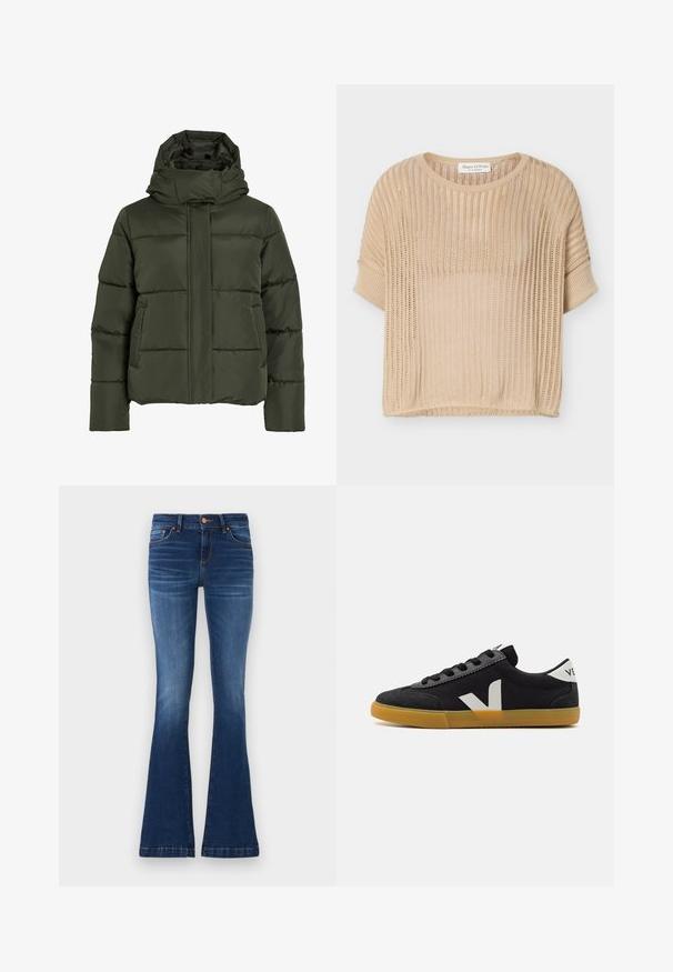 Pulli, oliivivihreä takki korkealla kauluksella ja hupulla. Siinä on vaakasuorat ompeleet, sivutaskut ja etuvetoketju.; Beige lyhythihainen neulepusero avoimella neulomismallistolla ja pyöreällä pääntiellä, merkki Marc O'Polo kauluksen sisäpuolella.; Farkut, joissa on levenevät lahkeet, valmistettu denimistä, keskimittaisella vyötäröllä, viisi taskua sekä erottuva ommel saumoissa.; Veja VOLLEY - Matalavartiset tennarit - black/white/natural