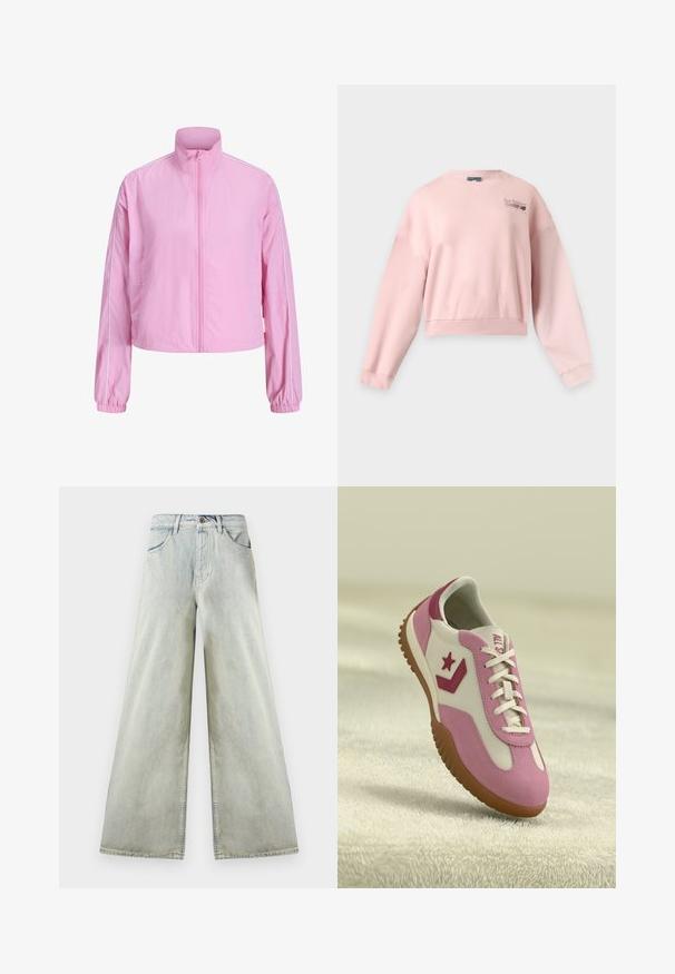Lichtroze jas met rits, hoge kraag, lange mouwen, elastische manchetten en witte biezen langs de schouders en mouwen.; Lichtroze sweatshirt met lange mouwen en ronde hals met New Balance Athletics-logo op de linkerbovenborst.; High-rise, lichtgewassen wijde denim jeans met voorzakken, ceintuurlussen en een bruine knoopsluiting aan de tailleband.; Roze en witte sneaker met rubberen, gestructureerde zool. Bevat een sterlogo en contrasterende accenten. Glad bovenwerk met vetersluiting.