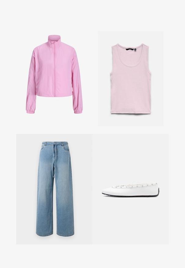 Veste rose clair zippée avec col montant, manches longues, poignets élastiques et passepoil blanc le long des épaules et des manches.; Débardeur côtelé rose clair sans manches avec encolure ronde, posé à plat sur fond blanc.; Jean large en denim bleu clair avec taille haute, comportant des poches avant, une ceinture à nouer et une texture délavée.; Ballerine plate en cuir blanc avec un détail à lacets et des œillets métalliques, vue de profil sur un fond clair uni.