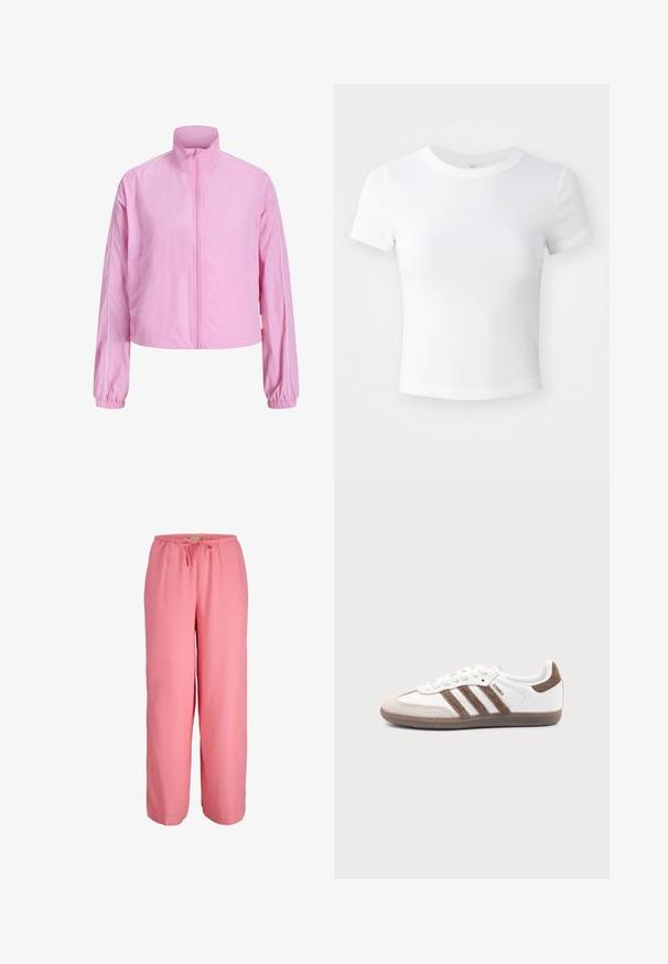 Lichtroze jas met rits, hoge kraag, lange mouwen, elastische manchetten en witte biezen langs de schouders en mouwen.; Effen witte cropped t-shirt met korte mouwen en ronde hals, weergegeven op een neutrale lichte achtergrond.; Roze, lichte, wijde broek met een elastische tailleband en een trekkoorddetail; soepele textuur en casual ontwerp.; Witte Adidas Samba sneaker met bruine suède strepen, bruine rubberen zool en beige suède neuskap, getoond vanaf de buitenkant op een effen achtergrond.