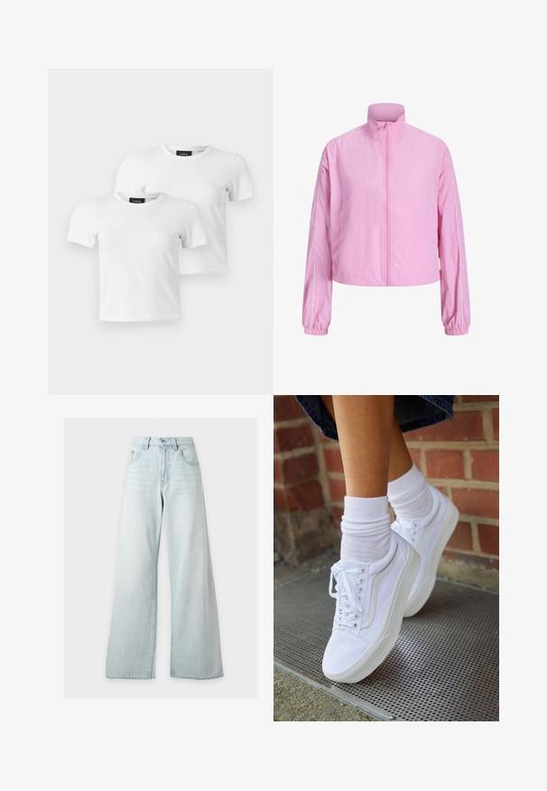 Hellrosa Jacke mit Reißverschluss, hohem Kragen, langen Ärmeln, elastischen Bündchen und weißen Paspeln an Schultern und Ärmeln.; Zwei schlichte weiße T-Shirts mit kurzen Ärmeln und Rundhalsausschnitt mit JJXX Markenetiketten auf einem hellgrauen Hintergrund.; Hellblaue, hochtaillierte, weit geschnittene Jeans mit Vorderknopf und Reißverschluss, vorderen Taschen und Gürtelschlaufen auf weißem Hintergrund.; Weiße Leinensneaker mit Gummisohlen, ausgestattet mit sechs Ösen, runder Zehenpartie und dezenten Nähten, kombiniert mit weißen Knöchelsocken.