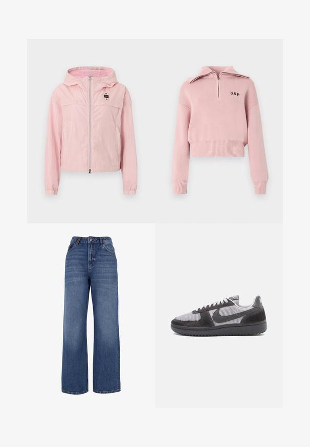 Chaqueta cortavientos con capucha de color rosa claro, cierre frontal con cremallera, puños elásticos, forro de malla en la capucha y una pequeña etiqueta negra en el pecho.; Suéter de punto acanalado rosa claro con cuello de media cremallera, mangas largas y logotipo "GAP" en el pecho, dobladillo recortado.; Pantalones vaqueros de pierna ancha hechos de tejido de algodón azul de peso medio. Presentan un diseño clásico de cinco bolsillos y una cremallera con cierre de botón.; Zapatilla baja con tejido de malla gris, superposiciones texturizadas negras, suela negra, cordones blancos y un swoosh negro de Nike en el costado.