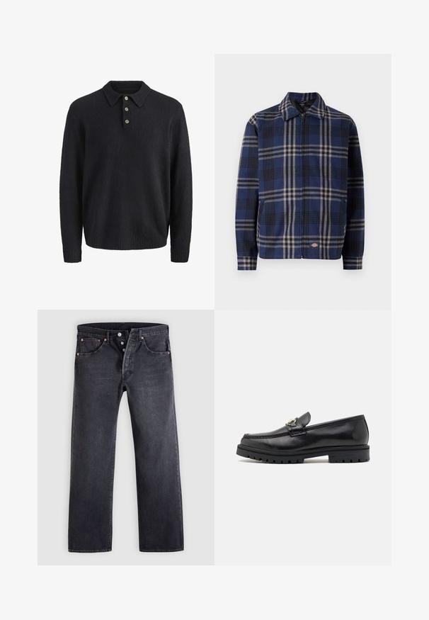 Rutet jakke i navy, sort og beige. Har krave, frontlynlås og elastiske manchetter med et logo på den nederste del.; Mørkeblå langærmet strikket sweater med krave og tre knapper ned foran.; Sorte denimjeans med lige snit, fem-lommer design og kobberknapdetaljer. Glat tekstur med let falmet finish.; Sorte læder loafers med en glat finish, rund tå, en dekorativ rem med guldhardware og en robust sort sål.