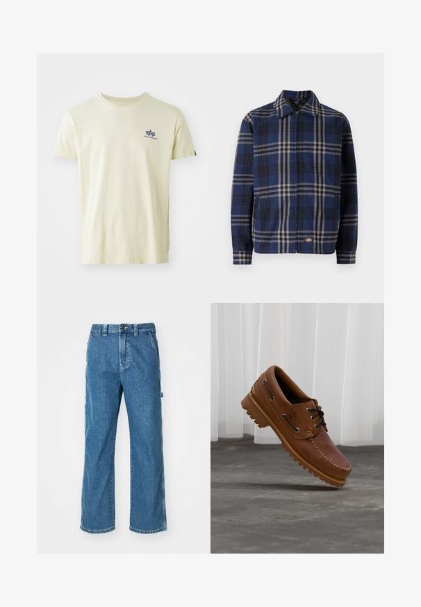 Chaqueta a cuadros en azul marino, negro y beige. Presenta un cuello con solapa, cremallera frontal y puños elásticos con un logo en el lado inferior.; Camiseta beige de manga corta con cuello redondo y pequeño logo azul de Alpha Industries en la parte superior izquierda del pecho.; Pantalones cargo de mezclilla azul con un corte relajado, que cuentan con bolsillos laterales, cremallera en la bragueta y costuras de contraste en las costuras.; Zapato náutico de cuero marrón con cordones negros, costuras beige y una suela resistente, suspendido sobre un suelo de hormigón gris.