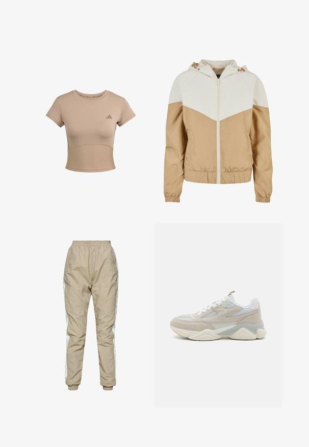 Farveblokeret jakke i creme og beige med hætte, lynlåslukning, elastiske manchetter og en let tekstureret overflade.; Beige sports cropped t-shirt med korte ærmer, ribbet nederste del og subtilt logo på brystet. Glat tekstur, tætsiddende design.; Beige letvægts træningsbukser med elastisk talje, hvide sidelægger og neongrøn piping; elastiske manchetter ved anklerne.; Beige og hvide sneakers lavet af ruskind og mesh, med en kraftig sål, snørebåndsdesign og et logo på siden.