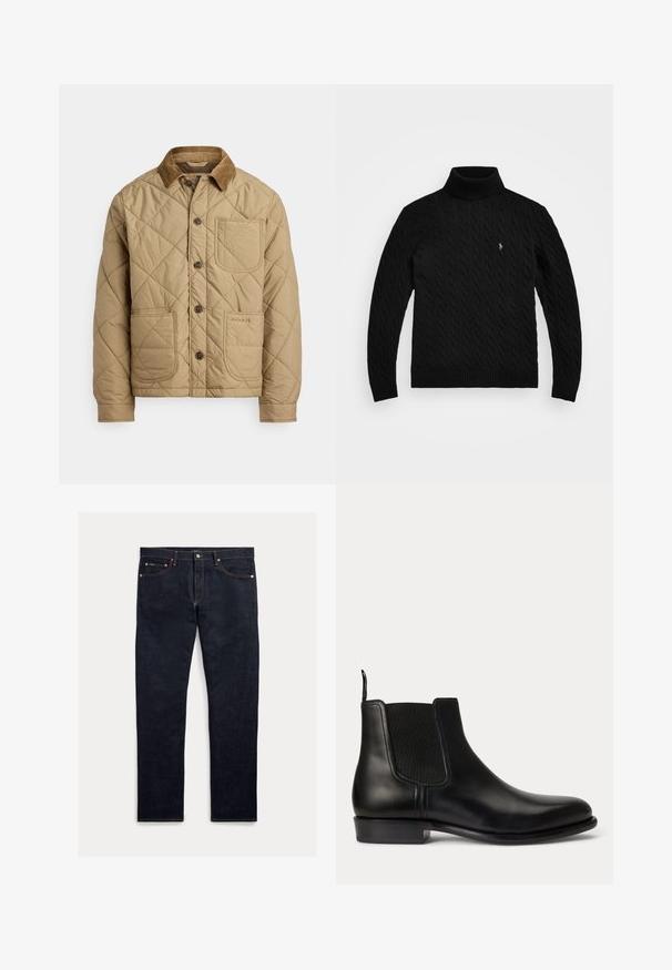 Beige gesteppte Jacke mit Cordkragen, vorne mit Taschen, braunen Knöpfen und einem gestickten Logo auf der unteren Tasche.; Polo Ralph Lauren CABLE WOOL CASHMERE ROLL NECK JUMPER - Strickpullover - black; Dunkle Jeans aus Denim mit geradem Schnitt, fünf Taschen, orangefarbener Naht und Knopfleiste. Das Gewebe hat eine glatte Textur.; Schwarzer Chelsea-Lederschuh mit elastischem Seitenteil, niedrigem Absatz und Zuglasche hinten, von der Außenseite auf weißem Hintergrund gezeigt.
