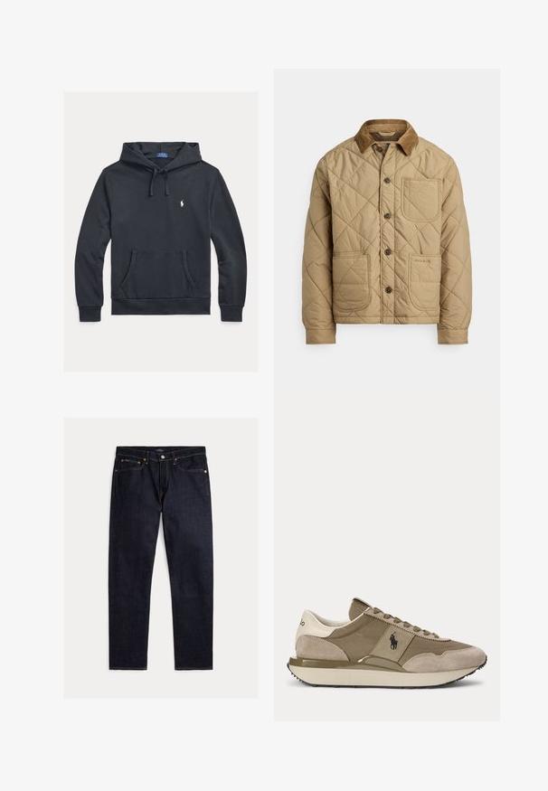 Beige tikattu takki, jossa on corduroy-kaulus, etutaskut, ruskeat napit ja ommeltu logo alimmassa taskussa.; Laivastonsininen puuvillainen huppari, jossa etutasku, säädettävä kiristysnyöri, resorit hihansuissa ja pieni valkoinen logo rinnassa.; Tummansiniset suoralahkeiset farkut, joissa on viisi taskua, nappi- ja vetoketjukiinnitys sekä kontrastiväriset oranssit saumat yksivärisellä taustalla.; Beigen ja ruskean tennarin sivukuva, jossa mokkanahkaiset yksityiskohdat ja Polo-logo sivulla yksiväristä taustaa vasten.