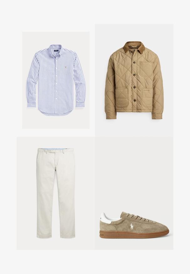 Beige gewatteerde jas met een ribfluwelen kraag, voorzien van voorzakken, bruine knopen en een geborduurd logo op de onderste zak.; Blauw-wit verticaal gestreept overhemd met lange mouwen, knoopsluiting, kraag met knopen en klein geborduurd logo op de borst.; Rechte broeken in roomkleur met riemlussen en een verborgen voorsluiting op een effen achtergrond.; Suède sneaker in tan met witte accenten, ronde neus en vetersluiting. Beschikt over een geperst logo en rubberen zool voor grip.