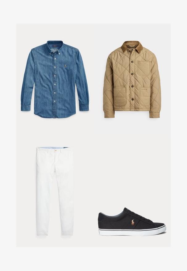 Beige quilted jacket with a corduroy collar, featuring front pockets, brown buttons, and a stitched logo on the bottom pocket.; Long-sleeve blue denim button-up shirt with collar and small embroidered logo on the left chest next to the buttons.; White cotton chinos with a slim fit, featuring a single gold button closure and light blue inner waistband. Smooth texture with no patterns.; Black low-top sneaker with white rubber sole and embroidered brown horse logo on side.