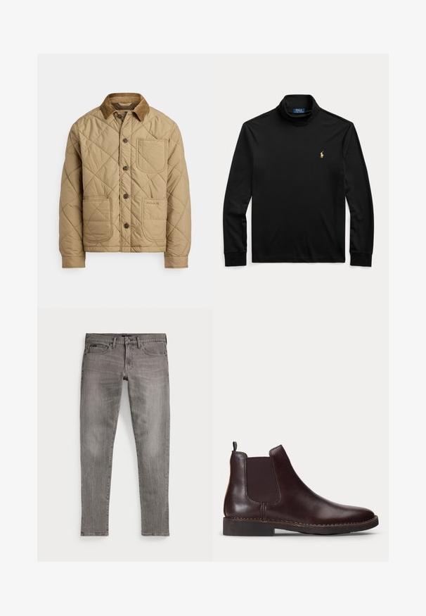 Beige gesteppte Jacke mit Cordkragen, vorne mit Taschen, braunen Knöpfen und einem gestickten Logo auf der unteren Tasche.; Schwarzes Langarm-Turtleneck-Shirt mit kleinem goldfarbenem Polo Ralph Lauren Logo auf der linken Brust, flach auf hellem Hintergrund präsentiert.; Graue Denim-Jeans, Slim-Fit, mit geraden Beinen. Verfügt über das klassische Fünf-Taschen-Design, Nähdetails und eine leicht verblichene Textur.; Dunkelbrauner Leder Chelsea-Stiefel mit elastischem Seitenpaneel und niedrigem Absatz, im Profil vor weißem Hintergrund gezeigt.