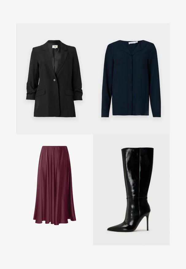 Zwarte, op maat gemaakte damesblazer met een enkele knoopsluiting, ingezette revers, driekwartmouwen en voorzakken met overslag, gepresenteerd tegen een witte achtergrond.; Navyblauwe blouse met lange mouwen gemaakt van lichte stof, met een v-hals, knoopsluiting en een zachte textuur.; Bordeaux lange rok van soepele, glanzende stof met een vloeiende uitstraling en een elastische tailleband. Geen patronen of accenten aanwezig.; Zwarte leren kniehoge laarzen met een spitse neus en hoge stiletto hak. Soepele textuur en strak ontwerp, met minimale detailing.