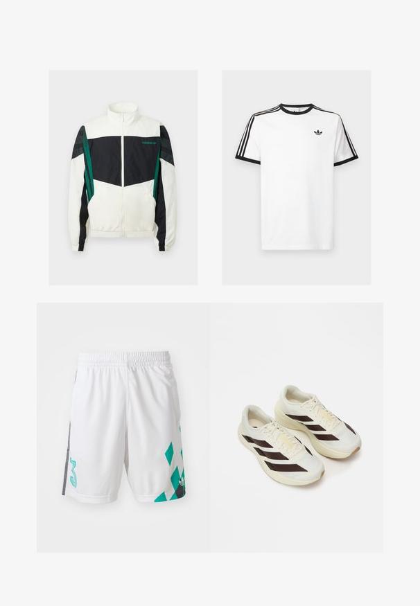 Cazadora blanca y negra con acentos verdes, que cuenta con cierre de cremallera, cuello alto, puños elásticos y rayas horizontales en las mangas.; Camiseta de algodón blanca con cuello y mangas de canalé negro, con tres rayas negras en cada hombro y un pequeño logo en el pecho.; Shorts deportivos blancos con cintura elástica, que presentan un patrón geométrico en color azul verdoso y detalles en negro en los laterales. Incluye el número "3" grande.; Zapatillas de running de color crema claro con rayas diagonales marrón oscuro, parte superior de malla texturizada y suela acolchada. Presentan el logo amarillo "ADIZERO".