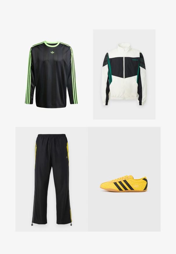 Weiße und schwarze Windjacke mit grünen Akzenten, ausgestattet mit einem Reißverschluss, hohem Kragen, elastischen Bündchen und horizontalen Streifen an den Ärmeln.; adidas Originals JACQ - Langarmshirt - black signal green; Schwarze Sporthosen mit gelben Seitenakzenten, elastischem Bund und mit Reißverschlüssen versehenen Seitentaschen. Hergestellt aus leichtem, glattem Stoff.; Gelber Sportschuh mit strukturiertem Obermaterial, verziert mit schwarzen Streifen und Logo. Abgerundete Spitze, weiche Sohle und Zickzackmuster auf dem Material.