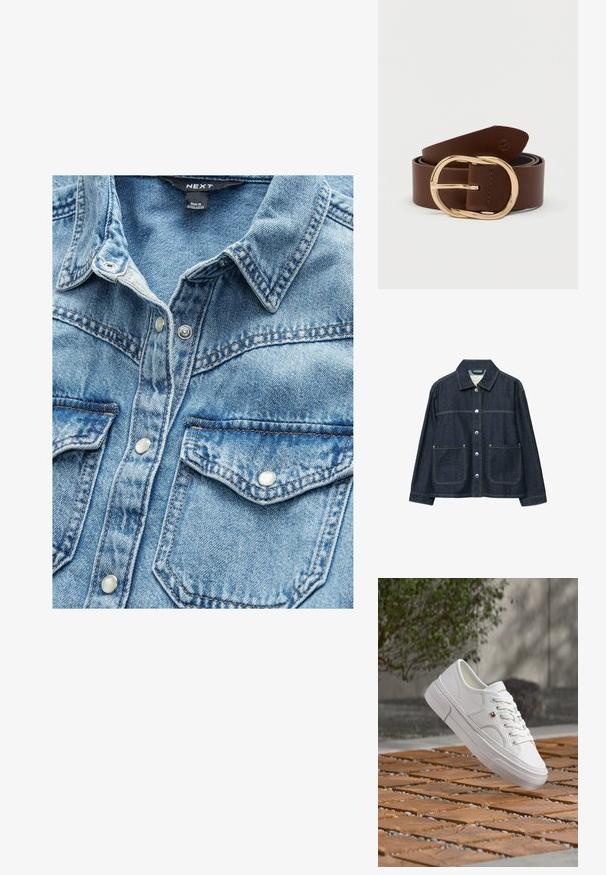 Donkerblauw denimjack met zilverkleurige drukknoopsluiting aan de voorkant, twee opgezette voorzakken en een rechte kraag.; Lichtblauwe denim overhemd met twee voorzakken, drukknoopsluitingen en een puntige kraag. Gestructureerde stof met zichtbare stikseldetails.; Witte leren sneaker met veters en een klein rood, wit en blauw logo, zwevend boven een patroon van hout en kiezelstenen buiten.; Bruine leren riem met een grote, ovale goudkleurige gesp. Soepele textuur met een net gestikte rand. Verstelbare lengte voor een goede pasvorm.