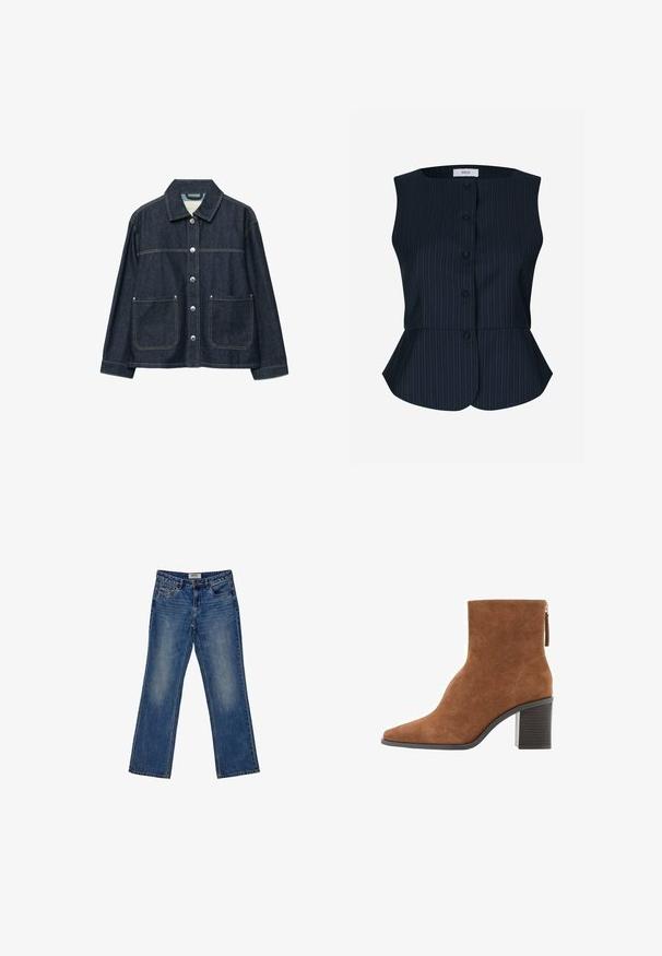 Dunkelblaue Jeansjacke mit silbernen Druckknöpfen vorne, zwei aufgesetzten Fronttaschen und geradem Kragen.; Envii FRESNO - Bluse - dark blue; Ausgebleichte blaue Jeans mit geradem Bein, fünf Taschen und dezenten Waschungen an der Vorderseite. Oberer Knopf und Reißverschluss.; Braune Wildleder-Ankle Boots mit spitzer Zehe, Blockabsatz und Reißverschluss auf der Rückseite.